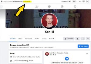 Screenshot of a Facebook profile page with a yellow arrow pointing to the browser address bar, highlighting the URL text "facebook.com/ryansaxer." The profile displays the name "Kon-El" with a circular profile photo of a man with short reddish-brown hair against a red background. Sections below include "Do you know Kon-El?" with an "Add Friend" button, an "Intro" section listing "Went to Pinellas Technical Education Center" and "Lives in Saint Petersburg, Florida," and a sidebar item reading "Left Pinellas Technical Education Center." Navigation tabs read Timeline, About, Friends, Photos, Video, and More.
