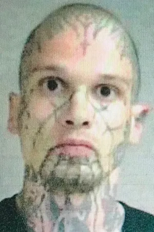 Mugshot of Sean Tahtinen showing a man with short buzz-cut hair and extensive black ink tattoos covering his forehead, temples, cheeks, jawline, and neck. He has a goatee and is looking directly at the camera with a neutral expression against a plain light-gray background typical of booking photographs.