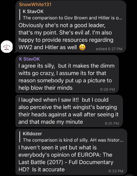 Screenshot of a dark-mode group chat with three message threads from "K StavOK," "SnowWhite131," and "Killdozer." Messages from 6:23 PM and 6:26 PM compare Governor Brown to Hitler, reference COVID lockdown orders in Oregon, claim Brown is "anti-white" while Hitler was history's greatest advocate, and offer to provide resources. Profile icon with eagle graphic visible on left.