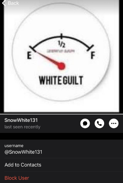 Screenshot of a Telegram profile page for "SnowWhite131" (@SnowWhite131), showing status "last seen recently." Profile picture displays a circular fuel gauge graphic with "E" on the left and "F" on the right, labeled "WHITE GUILT" beneath it, with a red needle pointing near "E." Interface includes camera, phone, and menu icons, plus "Add to Contacts" and "Block User" buttons. Dark mode background throughout.