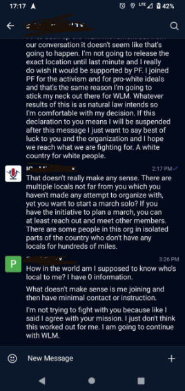 A screenshot of a messaging app conversation thread. Multiple message bubbles show a discussion about organizing an event/march, with mentions of "PF," "WLM," and "white people." Messages include timestamps (2:17 PM, 3:26 PM) and sender indicators (red icon, green "P" icon). Text expresses disagreement about location disclosure, organizational membership, and march participation. Interface shows "New Message" field and standard navigation icons at bottom.