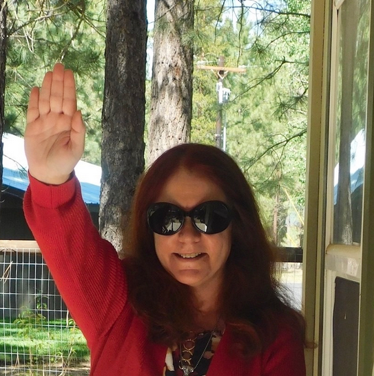 Photo of a woman with shoulder-length reddish-brown hair wearing dark sunglasses and a red sweater, raising her right arm with palm facing forward in a salute-like gesture. She stands in front of a doorway or window frame with tree trunks and greenery visible in the background outdoors.