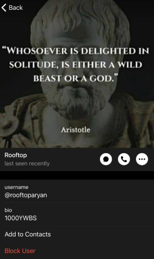 A messaging app profile screenshot. Profile photo shows a marble bust of a bearded man against a dark background, overlaid with white text: "WHOSOEVER IS DELIGHTED IN SOLITUDE, IS EITHER A WILD BEAST OR A GOD." attributed to "Aristotle." Name: "Rooftop," username "@rooftoparyan," bio "1000YWBS," with "Add to Contacts" and "Block User" options.
