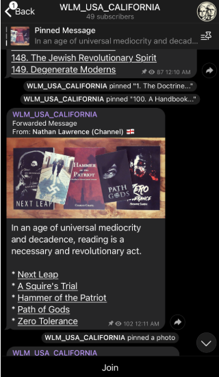Screenshot of a Telegram channel named "WLM_USA_CALIFORNIA" with 49 subscribers. A pinned post forwarded from "Nathan Lawrence (Channel)" shows five book covers — several featuring swastika graphics — titled "Next Leap," "A Squire's Trial," "Hammer of the Patriot," "Path of Gods," and "Zero Tolerance." Caption reads: "In an age of universal mediocrity and decadence, reading is a necessary and revolutionary act." Other pinned items include numbered titles such as "148. The Jewish Revolutionary Spirit" and "149. Degenerate Moderns."