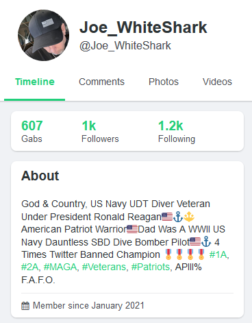 A Gab profile screenshot. Profile photo shows a person in a black baseball cap with gold embroidered stars, letters, and Chinese characters. Name: "Joe WhiteShark N.C. Z5," username "@jreb93," bio "American Patriot Warrior," with "Add to Contacts" and "Block User" options.