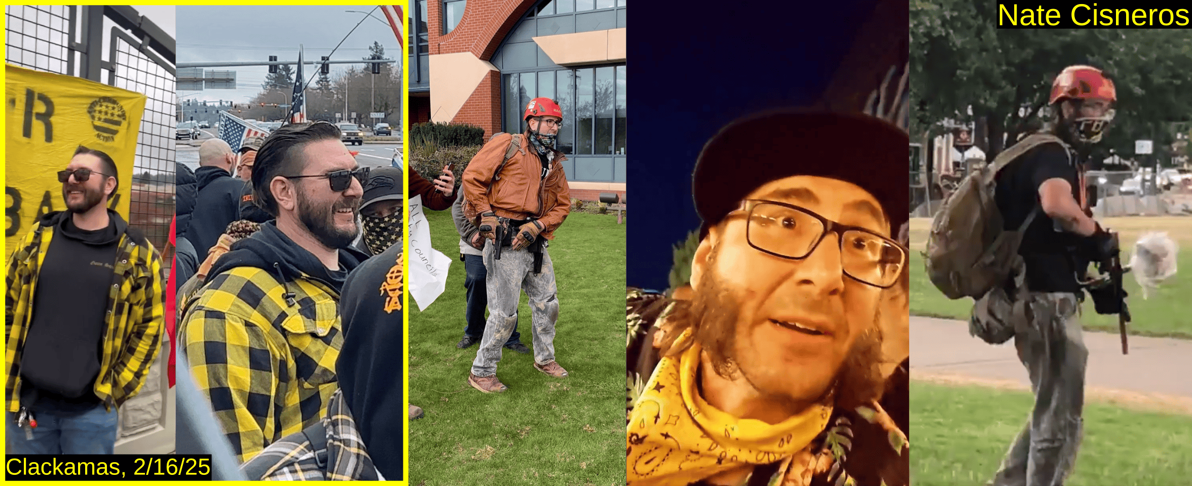 Five photos of Nate Cisneros. Two photos from the event feature Nate Cisneros in Proud Boy colors standing in front of a banner. A photo of Cisneros pulling a gun. Cisneros wearing a red helmet and a face gaiter wielding a paintball rifle.