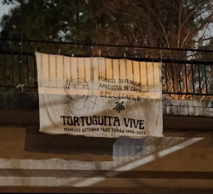 Banner with Portrait hung on overpass. Text reads: Forest Defender Executed by Cops 1/18/2023
TORTUGUITA Vive
Manuel Esteban Paez Teran 1996-2003